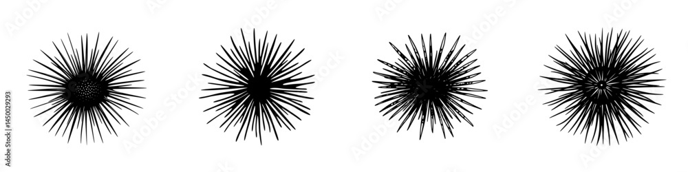 Poster unique black spiky shapes displayed in a row, emphasizing variety in design and form at artistic exh