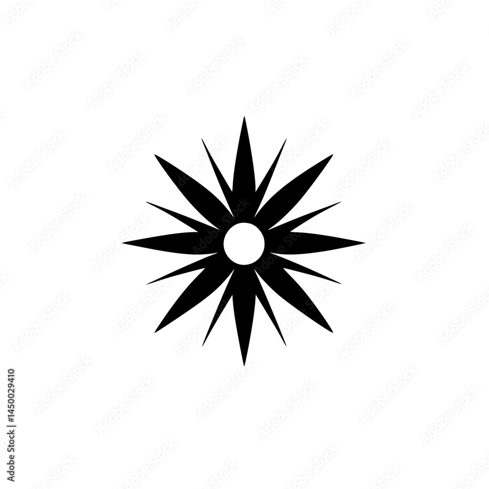 Poster symbol resembling a star in black and white, showcasing sharp rays emanating from a central circle, 