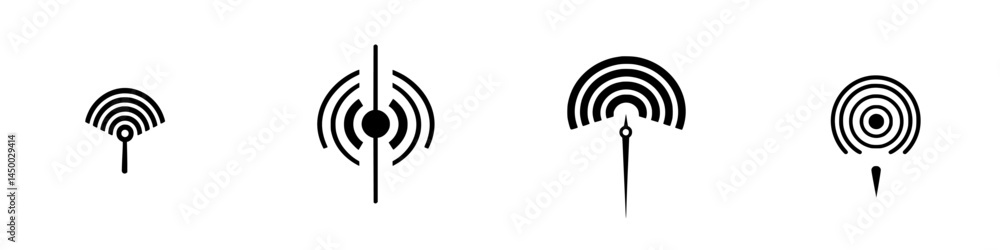 Poster various abstract symbols representing wireless signal transmission and reception in a minimalistic s