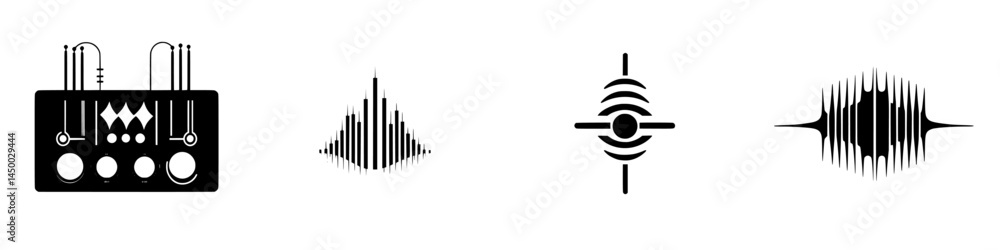 Poster sound wave graphics showcasing various audio visualization techniques in a modern design environment
