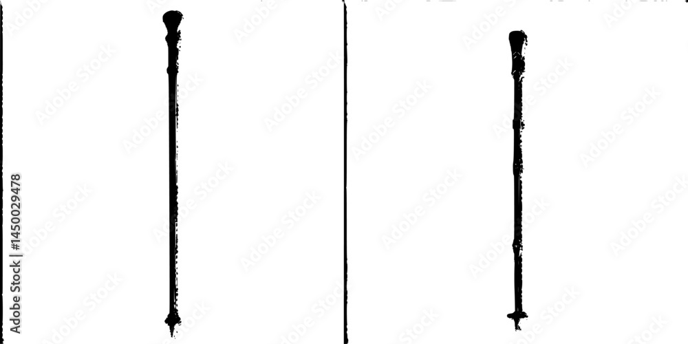 Poster two matching elongated black objects displayed against a white background