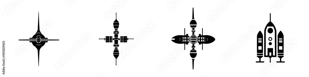 Poster futuristic spaceship designs featuring sleek lines and unique structures in a minimalist style