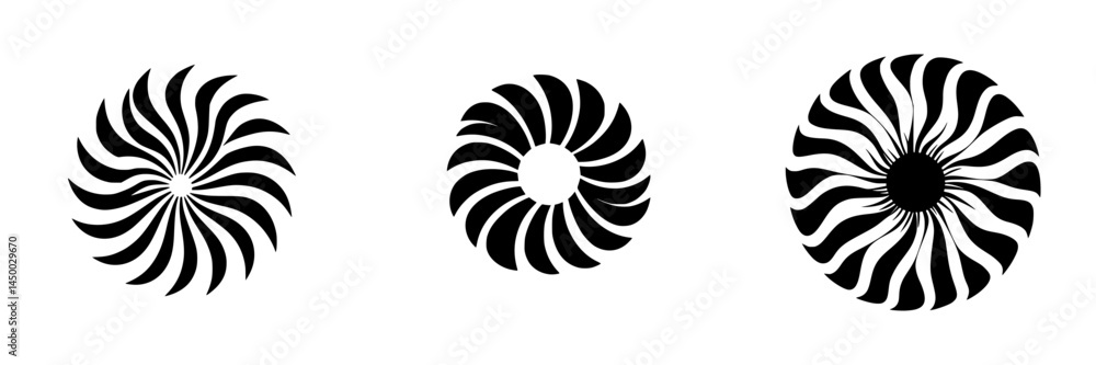 Poster black and white spirals creating a dynamic visual pattern with layered designs in a minimalist style