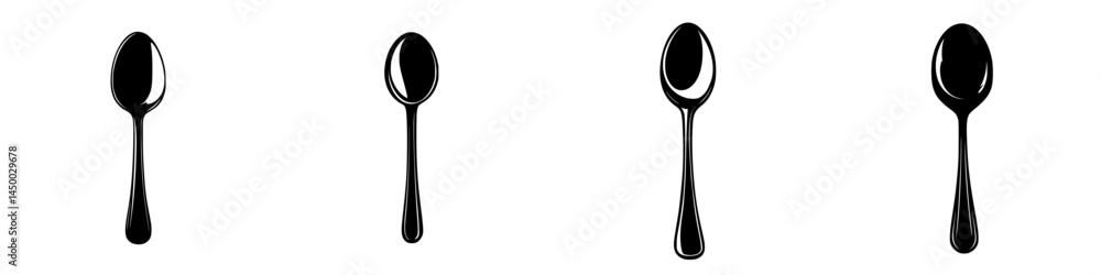 Poster multiple black spoons arranged in a line reflecting a minimalist design aesthetic in a simple compos