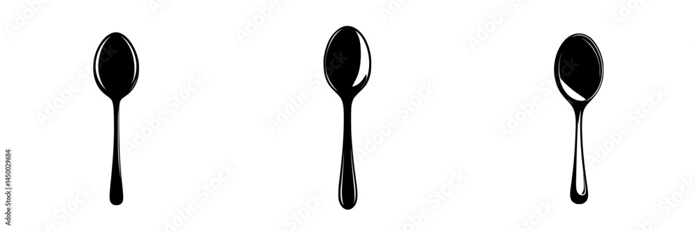 Poster three simple black spoons arranged in a row against a plain white background showcasing minimalistic