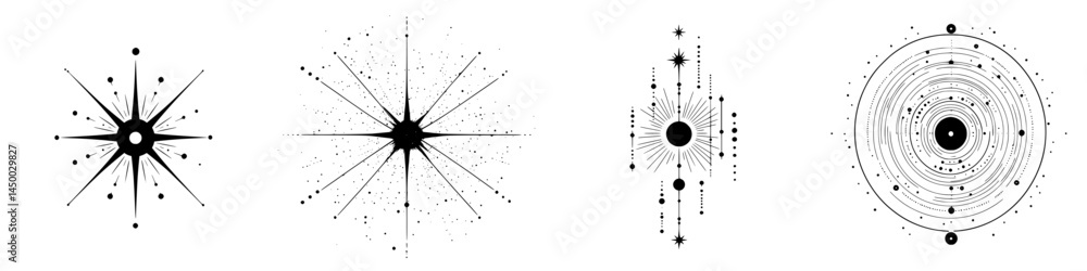 Poster geometric patterns showcasing celestial designs with stars and concentric circles on a white backgro