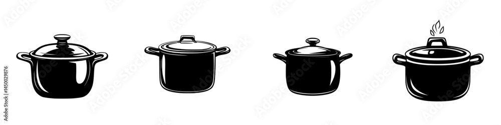 Poster cooking pots collection illustrating various sizes and shapes for culinary tasks in a simple design