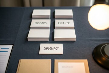 Tariffs and cooperation influence trade agreements concept. Cards labeled with various business sectors on a table, including diplomacy and finance.