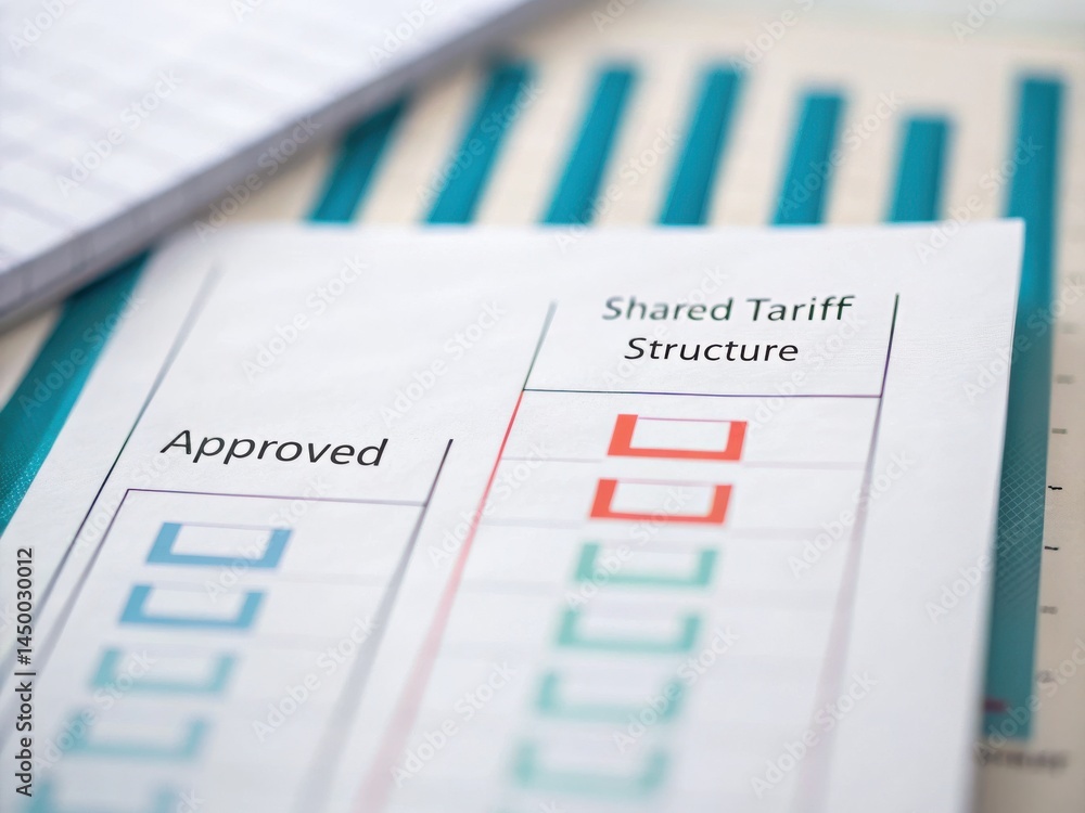 Poster tariffs and cooperation influence trade agreements concept. document detailing tariff structure with