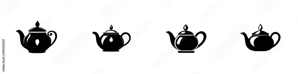 Poster different styles of teapots displayed in a simple row on a white background showcasing tea culture