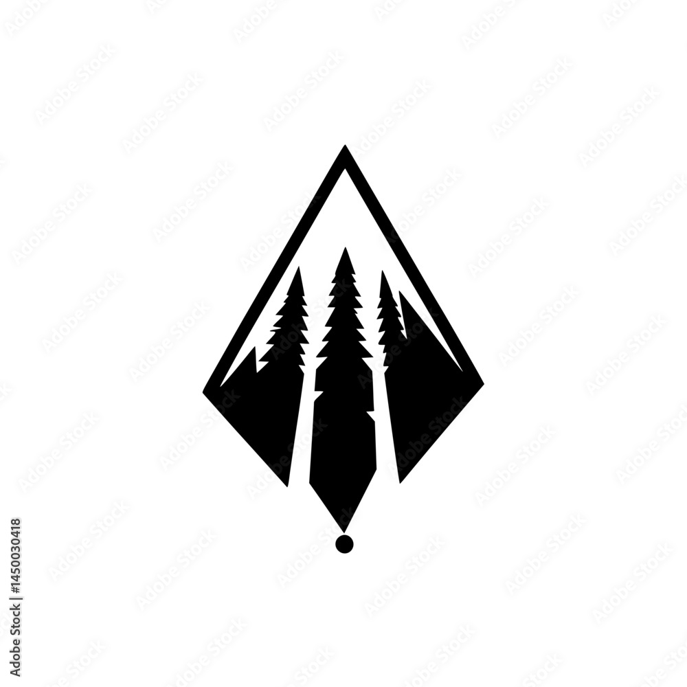 Poster design featuring a mountain silhouette and pine trees integrated with a pen nib shape for a creative