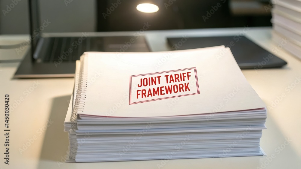 Poster tariffs and cooperation influence trade agreements concept. stack of documents titled 