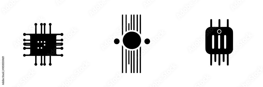 Poster circuit design elements featuring computer chips and circuit boards in a minimalist style displayed 