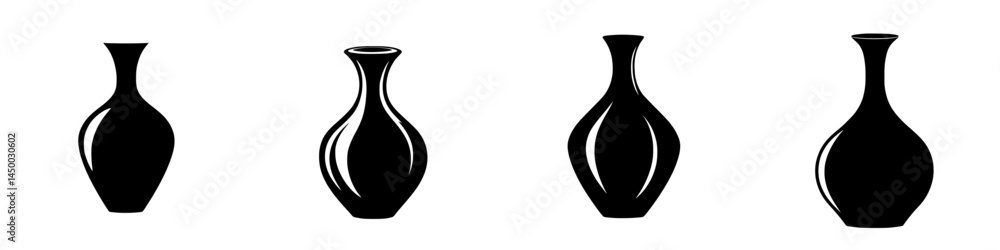Poster collection of four minimalist black vases in various shapes and sizes displayed on a white backgroun