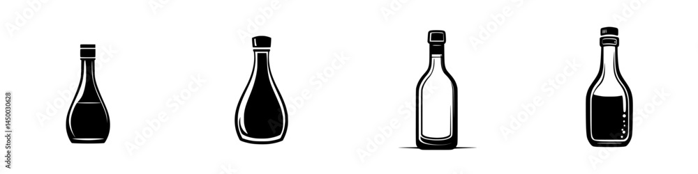 Poster bottles of various shapes and sizes presented against a simple background in a minimalist style