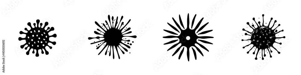 Poster various black and white abstract representations of viruses in a simple artistic style