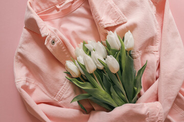 White tulips arranged inside a folded soft pink denim jacket on a pastel pink background, creating a cozy and stylish spring composition
