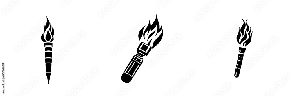 Aufkleber dynamic designs of flaming torches represented through three distinct illustrations on a clean backg
