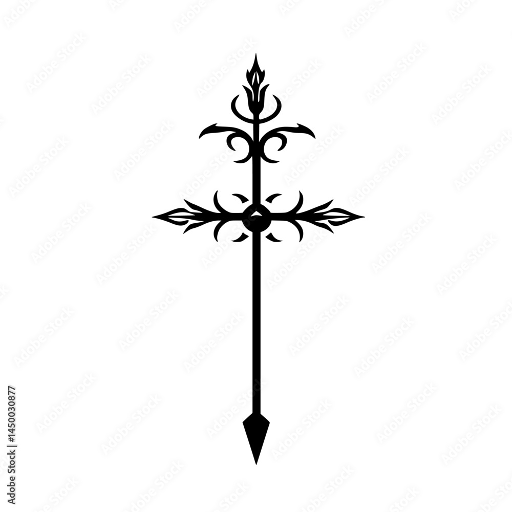 Poster intricate black stylized cross design featuring ornamental elements and pointed base