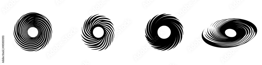 Poster swirling patterns of black lines form various spiral designs on a white background for visual explor