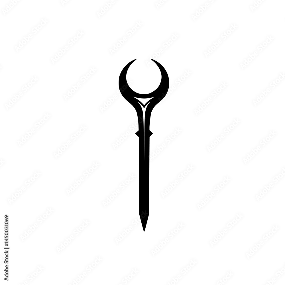 Poster unique black silhouette of a weapon with a curved tip displayed on a plain white background