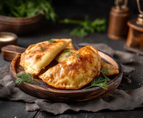 Traditional cheburek on a plate. Golden fried dough with meat