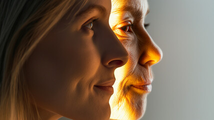 This Two profiles showcase the contrast between youth and aging, highlighting longevity research topics.