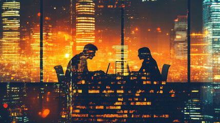 Business people using technology in a modern office collaborating through teamwork and digital tools to achieve results and innovation in workflow. AI generative
