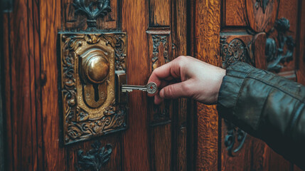 Hand and wood combine in this close-up image showing a person inserting a key into a wooden door symbolizing home access and security. AI generative