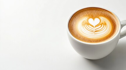 Macro shot of a freshly brewed cappuccino with latte art, soft foam texture on an absolutely white background.