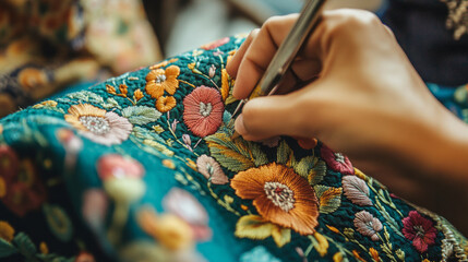 A hand stitching an intricate floral pattern on vibrant fabric showcasing embroidery skill detailed threadwork and colorful design in a craft-focused scene. AI generative