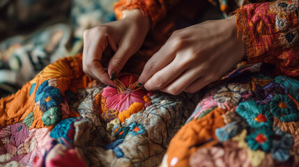 A hand stitching an intricate floral pattern on vibrant fabric showcasing embroidery skill detailed threadwork and colorful design in a craft-focused scene. AI generative