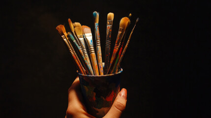 A hand gently holds a cup of color symbolizing creativity and expression in a conceptual scene full of vibrancy imagination and emotion. AI generative