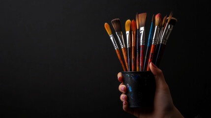 A hand gently holds a cup of color symbolizing creativity and expression in a conceptual scene full of vibrancy imagination and emotion. AI generative