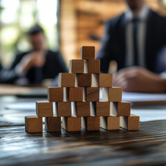 Blocks wooden pyramid business and structure visually represent organizational hierarchy and growth in a conceptual model ideal for strategy and planning themes. AI generative