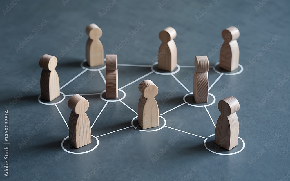 Aufkleber wooden figures connected with lines representing networking and social connections teamwork and comm