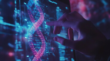 A doctor in medicine is touching an electronic record on a digital screen illustrating advanced healthcare interaction. AI generative