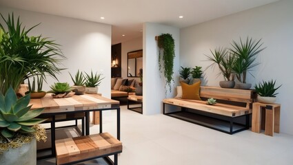 Fototapeta premium Cozy seating area with natural decor and green plants