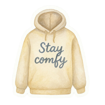 Cozy beige hoodie with "Stay comfy" written on the front in casual script.