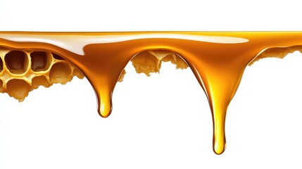 Fototapeta premium Macro shot of a golden honeycomb piece with dripping honey, hyper-detailed clarity on an absolutely white background.