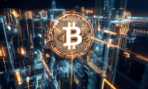 Bitcoin glowing in a futuristic digital world, symbolizing cryptocurrency, blockchain, and modern finance technology.
