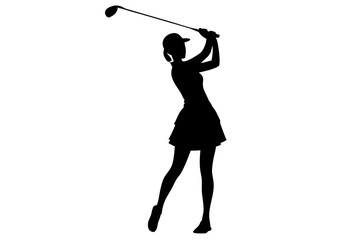Silhouette of female golfer swinging club on white background with transparency, golf, golfer, female, woman, sport, silhouette, swing, club, action, activity, fitness, exercise, athletic, competition