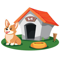 A doghouse and a dog. A cute dog pet house is nearby. Vector drawing on a white background.