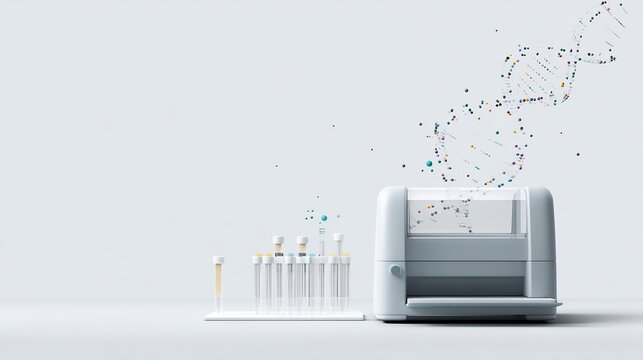 Illustration of PCR machine running polymerase chain reaction lab visible DNA amplification tubes The background is clean white and minimalist focusing on the molecular technique Clean design no text