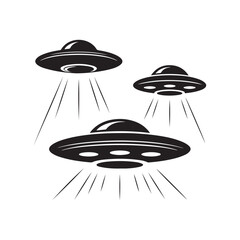 Simple Black And White Vector Illustration Of Three UFOs Each With A Different Design