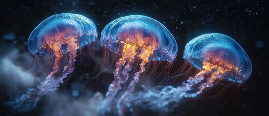 Obraz premium Ethereal Jellyfish Gliding Through Dark Waters with Bioluminescent Glow and Delicate Tentacles Dancing in the Ocean Depths