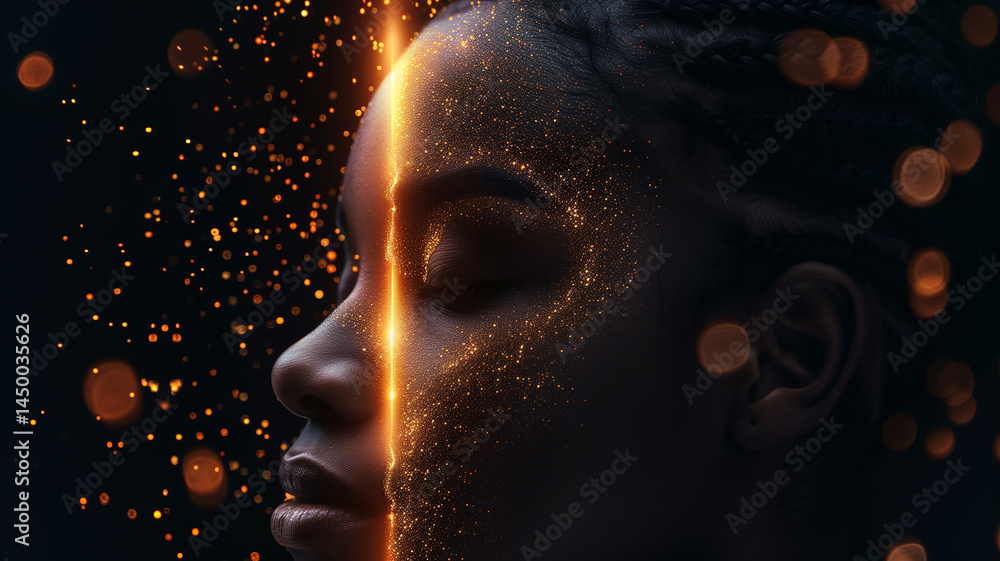 Aufkleber this face glimmers with sparkles, representing the intersection of science and longevity research.
