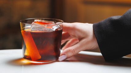 Classic old fashioned cocktail on the bar counter. Without people