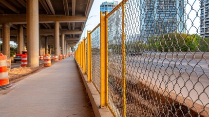 Urban construction scene featuring a chain-link fence alongside a sidewalk with barriers