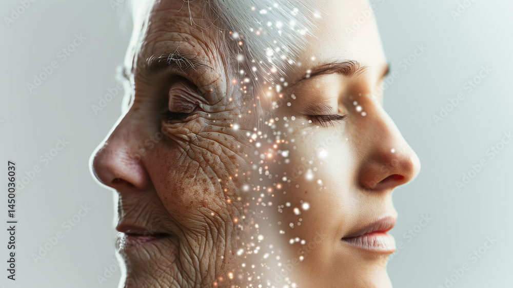 Poster this visuals contrast youth and aging, symbolizing progress in longevity and biopharmaceuticals.